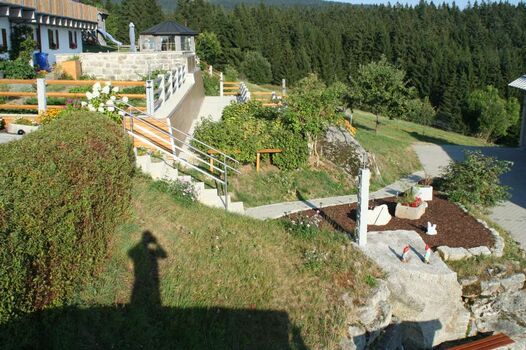 Blick auf einen Teil unseres Gartens und Weg vom Carport zum Haus