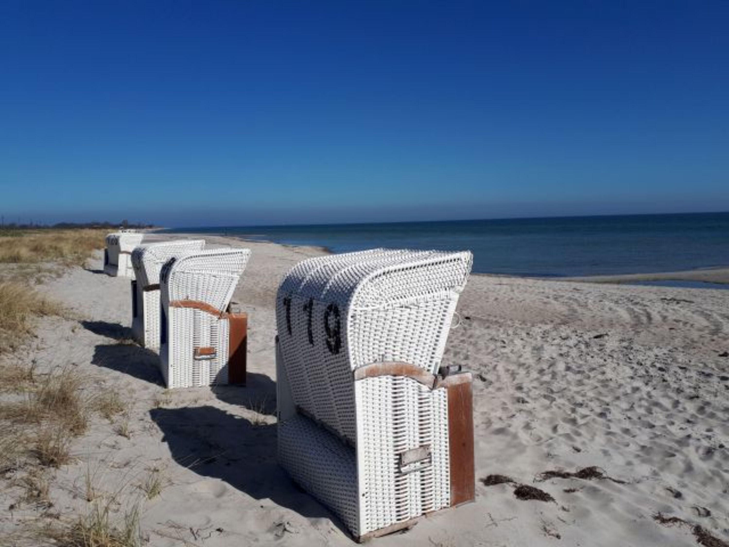 den feinsandigen Naturstrand mit Strandkörben direkt vor der Haustüre (nur 40 m von der Fewo!)