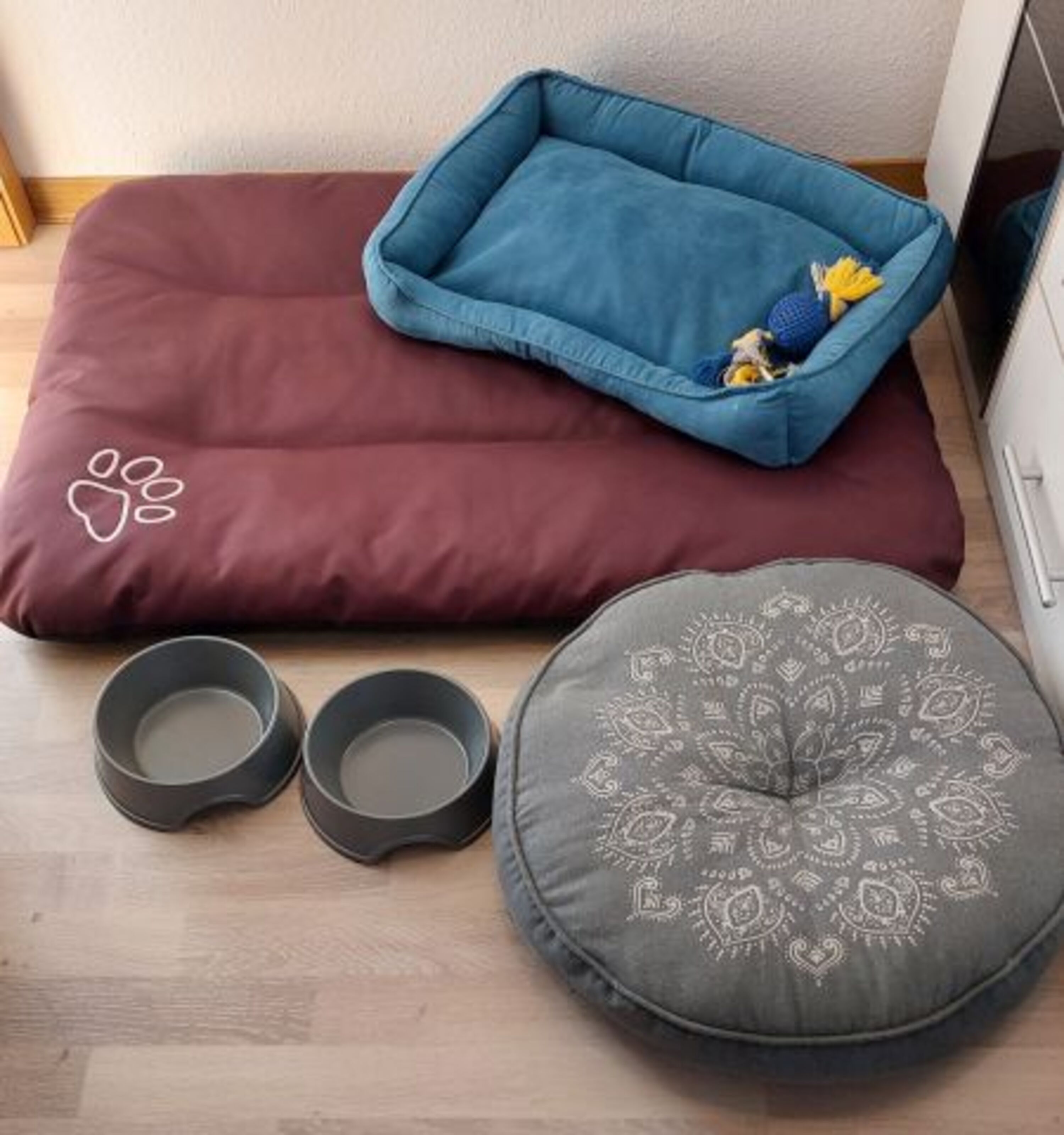 Hundebetten in verschiedenen Größen und Näpfe