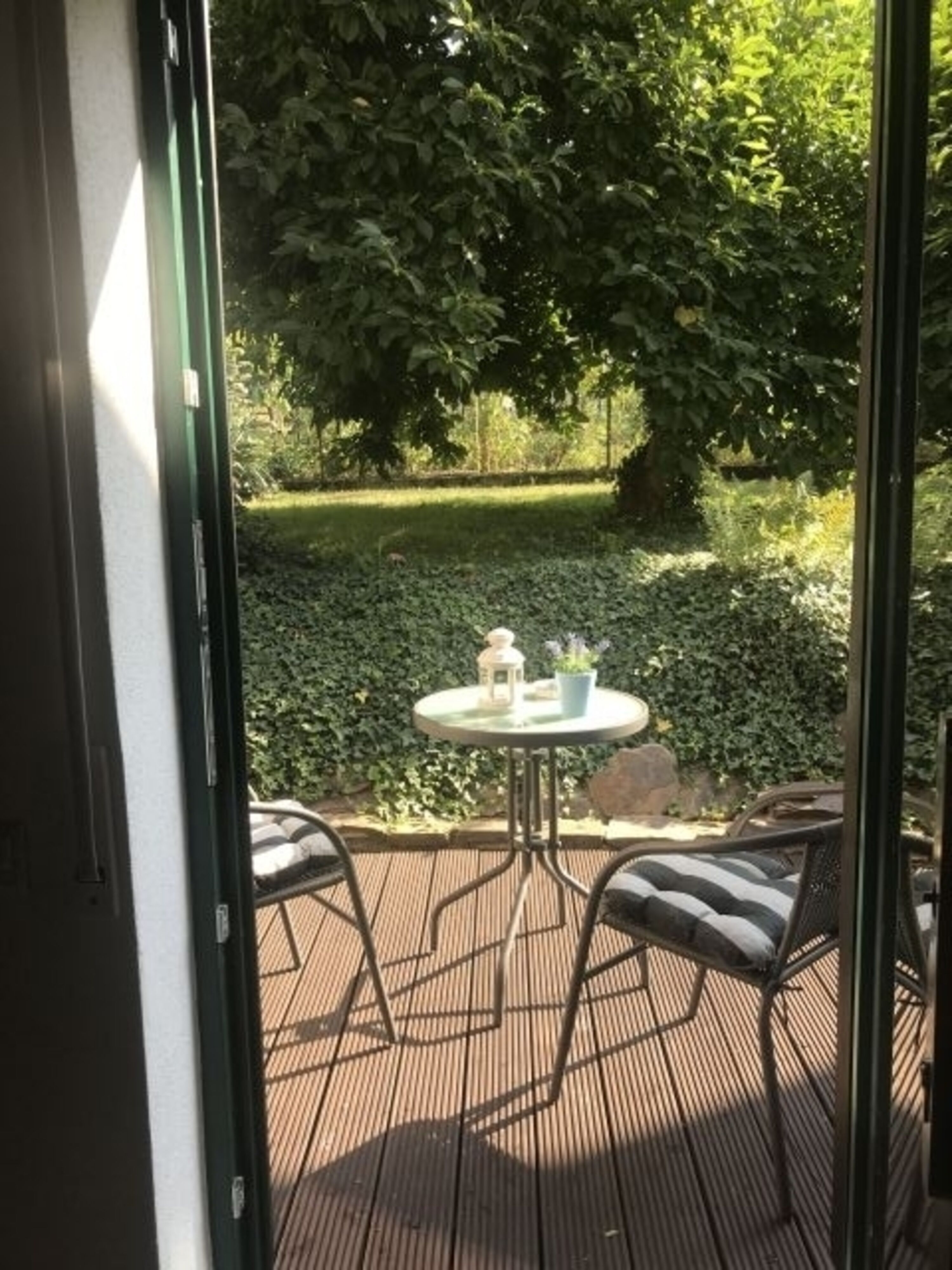 Blick vom Wohnzimmer auf Terrasse und Garten