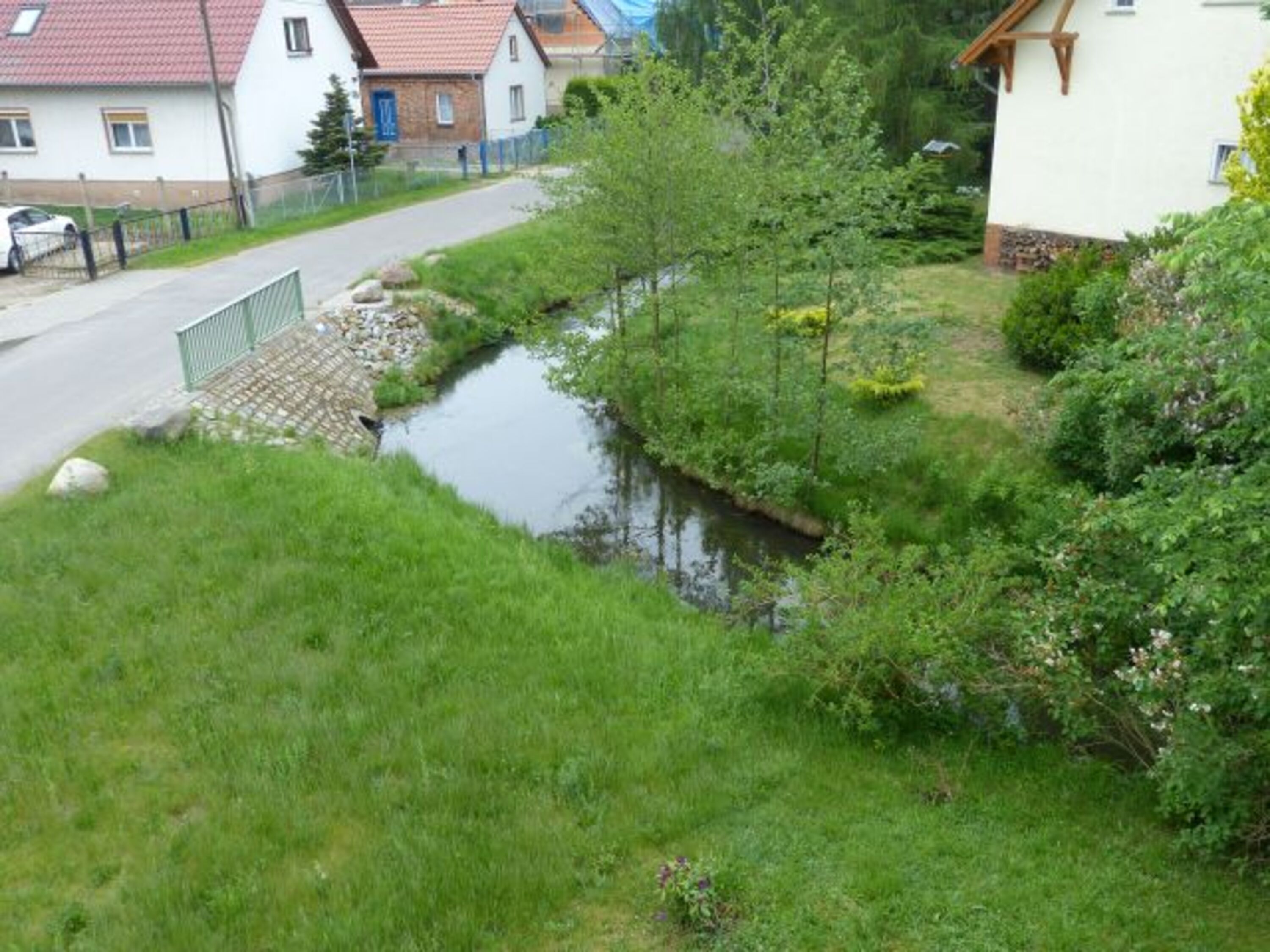 Blick aus dem Fenster auf das Fließ und die ruhige Nebenstraße