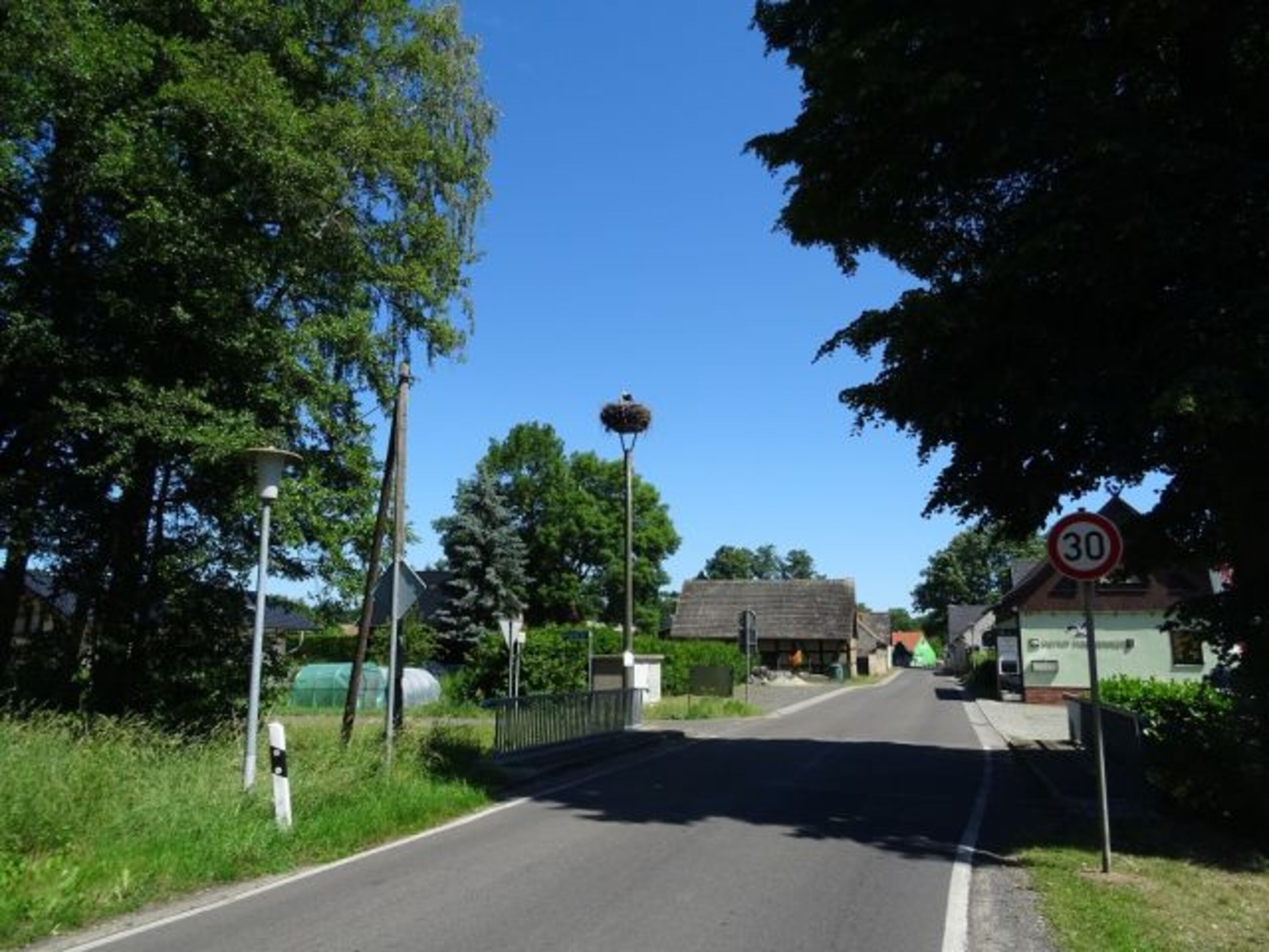 Dorfstraße mit Storchennest