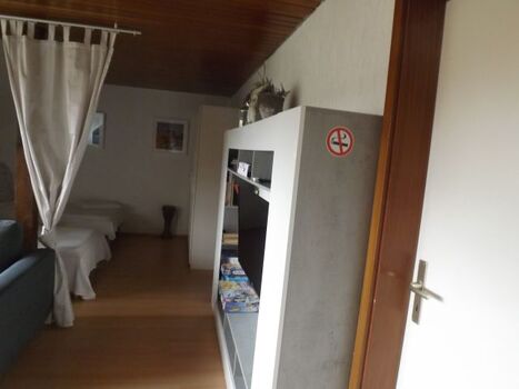 Wohnzimmer mit abteilbaren Schlafbereich und TV