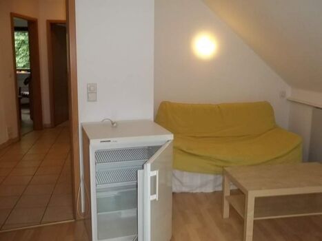 Wohnzimmer mit Kühlschrank, TV, Schlafsofa etc