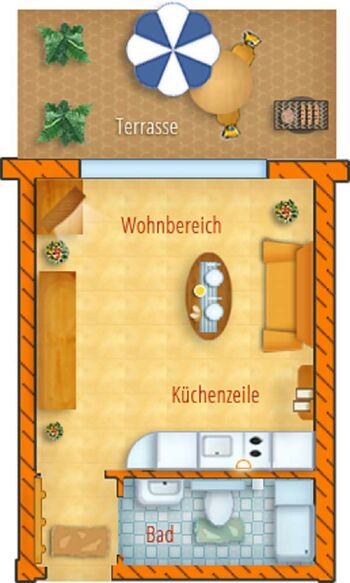 Grundriss 1-Zi-FeWo mit Terrasse 